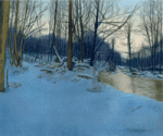 pastel painting of snowy woods