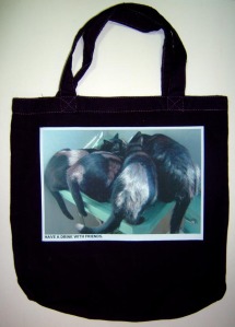 black tote bag with black cats