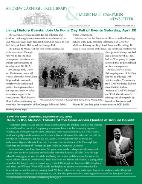 front page of andrew carnegie free library & music hall newsletter