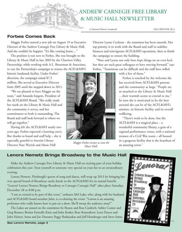 Andrew Carnegie Free Library & Music Hall newsletter, Fall/Winter 2013